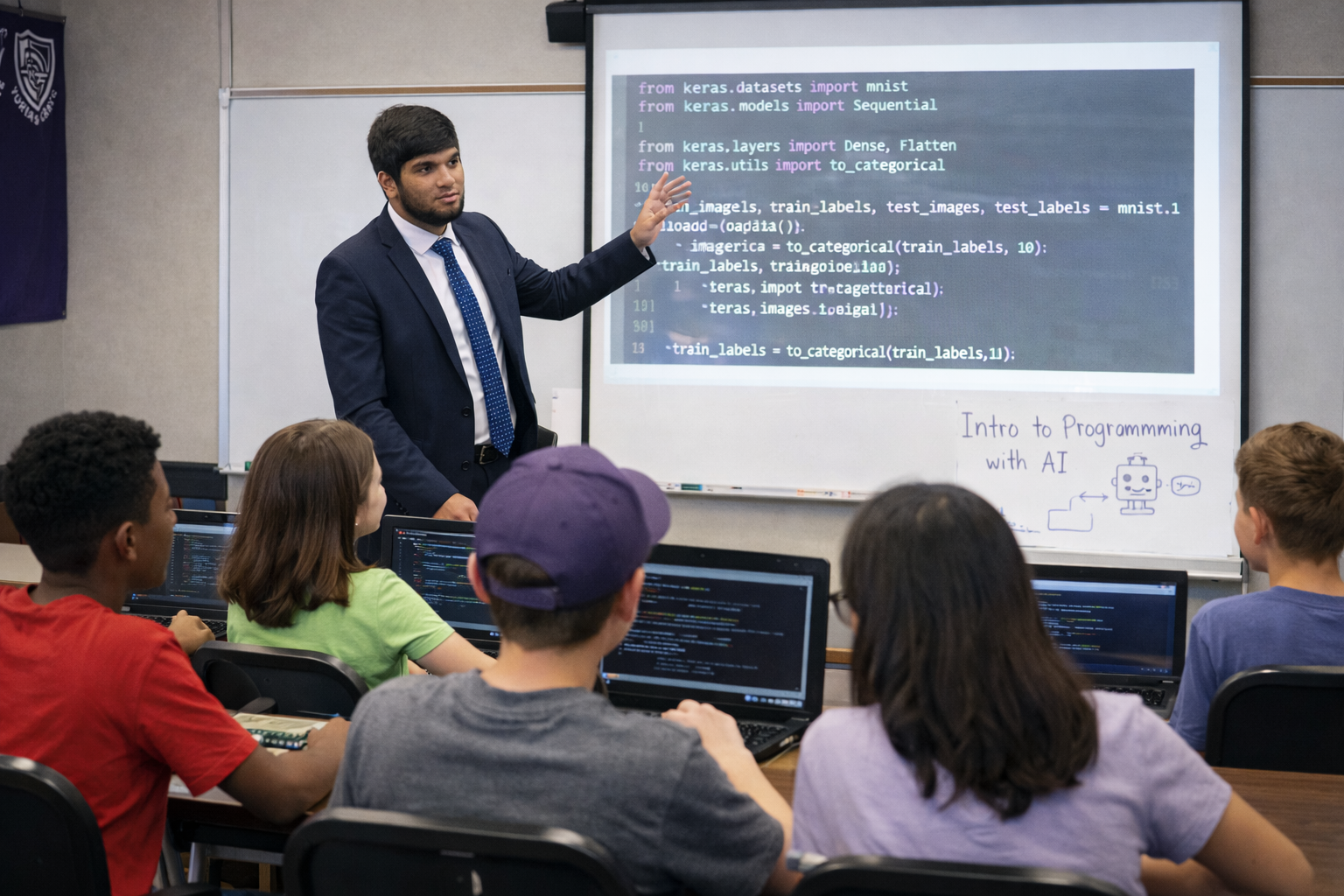 Students learning programming and AI in a summer camp environment